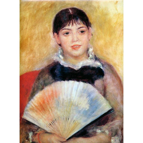 Girl With Fan Black Modern Wood Framed Art Print by Renoir, Pierre-Auguste
