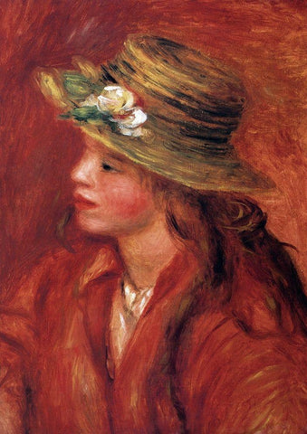 Girl With Straw Hat White Modern Wood Framed Art Print with Double Matting by Renoir, Pierre-Auguste
