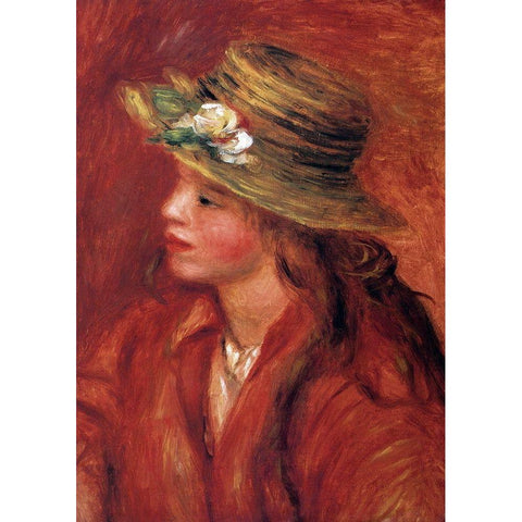 Girl With Straw Hat Gold Ornate Wood Framed Art Print with Double Matting by Renoir, Pierre-Auguste