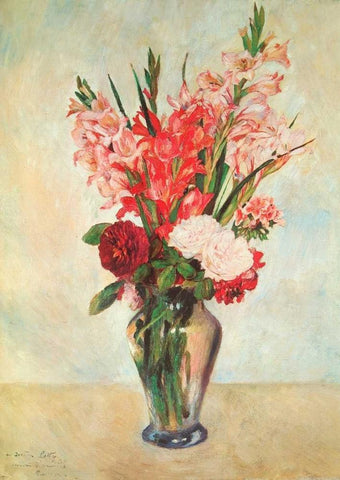 Gladiolas Black Ornate Wood Framed Art Print with Double Matting by Renoir, Pierre-Auguste