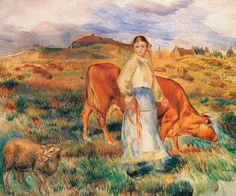 Shepherdess With Cow And Ewe Black Ornate Wood Framed Art Print with Double Matting by Renoir, Pierre-Auguste