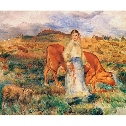 Shepherdess With Cow And Ewe Gold Ornate Wood Framed Art Print with Double Matting by Renoir, Pierre-Auguste