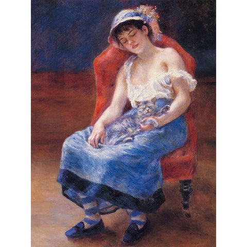 Sleeping Girl With Cat White Modern Wood Framed Art Print by Renoir, Pierre-Auguste