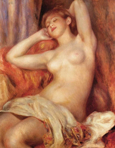 Sleeping Nude Black Ornate Wood Framed Art Print with Double Matting by Renoir, Pierre-Auguste