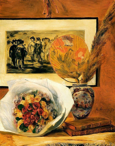 Still Life With Bouquet White Modern Wood Framed Art Print with Double Matting by Renoir, Pierre-Auguste