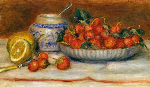 Strawberries White Modern Wood Framed Art Print with Double Matting by Renoir, Pierre-Auguste