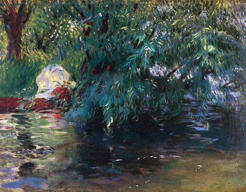 A Backwater Calcot Mill 1888 White Modern Wood Framed Art Print with Double Matting by Sargent, John Singer