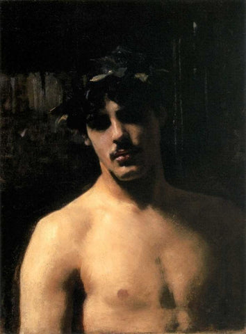 A Male Model with a Wreath of Laurel White Modern Wood Framed Art Print with Double Matting by Sargent, John Singer