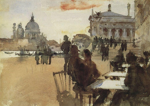 Cafe on the Riva degli Schiavoni White Modern Wood Framed Art Print with Double Matting by Sargent, John Singer