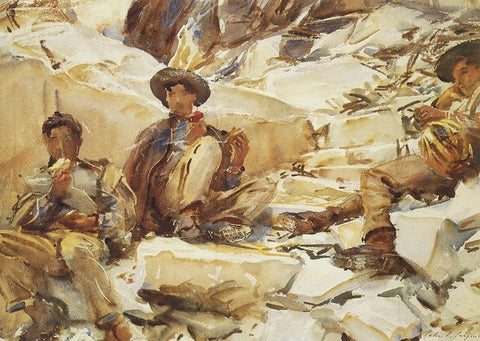 Carrara Workmen White Modern Wood Framed Art Print with Double Matting by Sargent, John Singer