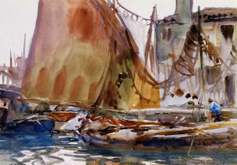 Drying Sails, 1902-04 White Modern Wood Framed Art Print with Double Matting by Sargent, John Singer