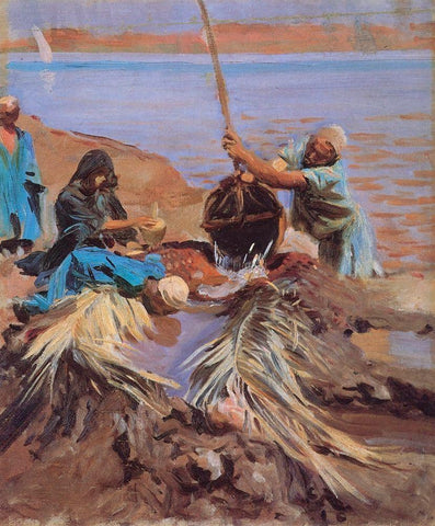 Egyptians Raising Water from Nile, 1890 White Modern Wood Framed Art Print with Double Matting by Sargent, John Singer