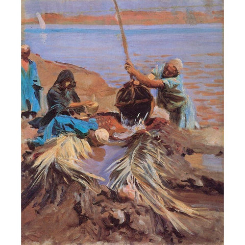 Egyptians Raising Water from Nile, 1890 White Modern Wood Framed Art Print by Sargent, John Singer