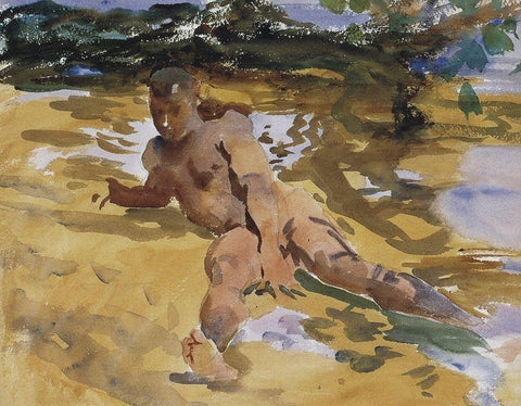 Figure on a Beach, Florida, 1917 White Modern Wood Framed Art Print with Double Matting by Sargent, John Singer