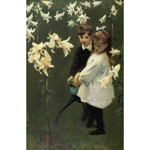 Garden Study of the Vickars Children 1884 Gold Ornate Wood Framed Art Print with Double Matting by Sargent, John Singer