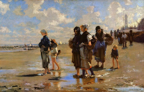 The Oyster Gatherers of Cancale White Modern Wood Framed Art Print with Double Matting by Sargent, John Singer