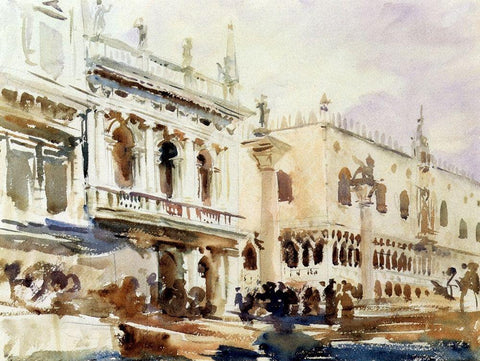 The Piazzetta and the Doges Palace Black Ornate Wood Framed Art Print with Double Matting by Sargent, John Singer