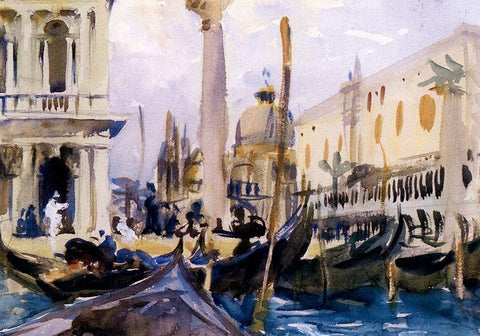 The Piazzetta with Gondolas, 1902-04 Black Ornate Wood Framed Art Print with Double Matting by Sargent, John Singer