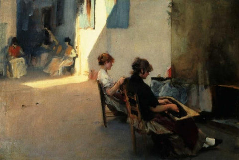 The Venetian Bead Stringers, c. 1880-82 White Modern Wood Framed Art Print with Double Matting by Sargent, John Singer