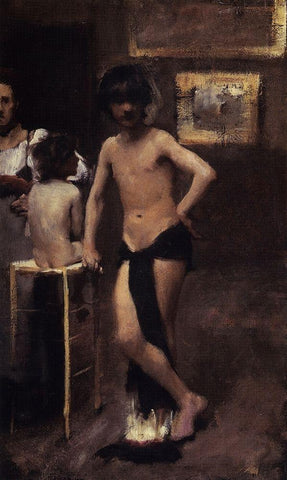 Two Nude Boys and a Woman in a Studio Interior, 1878-79 White Modern Wood Framed Art Print with Double Matting by Sargent, John Singer