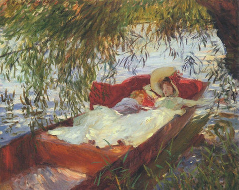 Two Women Asleep under the Willows White Modern Wood Framed Art Print with Double Matting by Sargent, John Singer