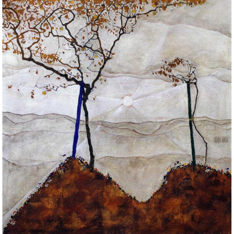 Autumn Sun I Black Modern Wood Framed Art Print with Double Matting by Schiele, Egon