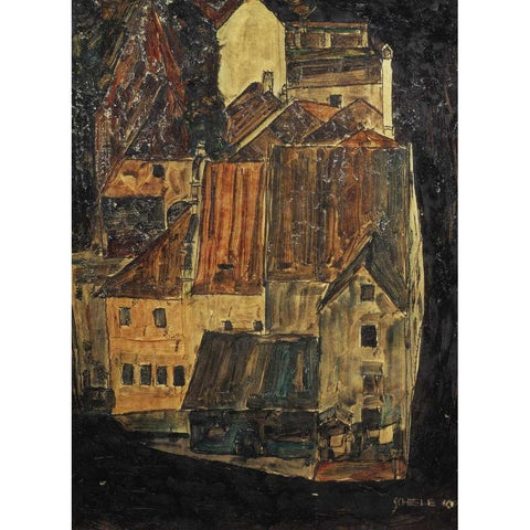 City On The Blue River I 1910 Black Modern Wood Framed Art Print with Double Matting by Schiele, Egon