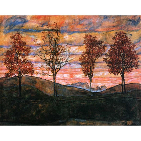 Four Trees 1917 Black Modern Wood Framed Art Print with Double Matting by Schiele, Egon