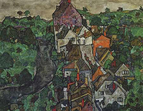 KMapsau Landscape Town And River 1916 White Modern Wood Framed Art Print with Double Matting by Schiele, Egon