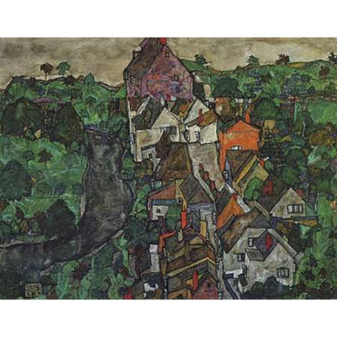 KMapsau Landscape Town And River 1916 Black Modern Wood Framed Art Print by Schiele, Egon