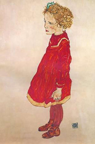 Little Girl With Blond Hair In Red Dress White Modern Wood Framed Art Print with Double Matting by Schiele, Egon