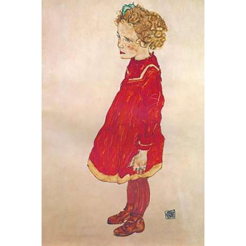 Little Girl With Blond Hair In Red Dress Gold Ornate Wood Framed Art Print with Double Matting by Schiele, Egon