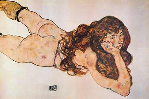 Lying Nude 1917 Black Ornate Wood Framed Art Print with Double Matting by Schiele, Egon