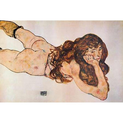 Lying Nude 1917 White Modern Wood Framed Art Print by Schiele, Egon