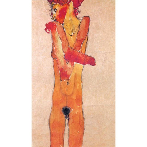 Nude Girl With Folded Arms Gold Ornate Wood Framed Art Print with Double Matting by Schiele, Egon