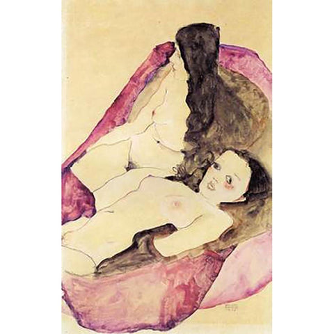 Nude Girls Reclining White Modern Wood Framed Art Print by Schiele, Egon