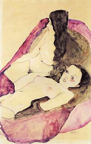 Nude Girls Reclining Black Ornate Wood Framed Art Print with Double Matting by Schiele, Egon