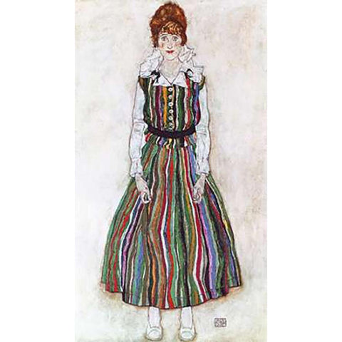 Portrait Of The Artists Wife Standing Black Modern Wood Framed Art Print with Double Matting by Schiele, Egon