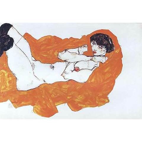 Reclining Female Nude On Red Drape Gold Ornate Wood Framed Art Print with Double Matting by Schiele, Egon