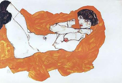 Reclining Female Nude On Red Drape White Modern Wood Framed Art Print with Double Matting by Schiele, Egon