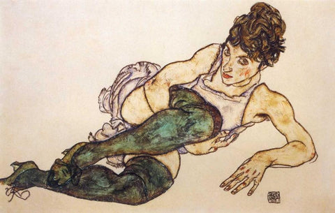 Reclining Woman With Green Stockings Black Ornate Wood Framed Art Print with Double Matting by Schiele, Egon