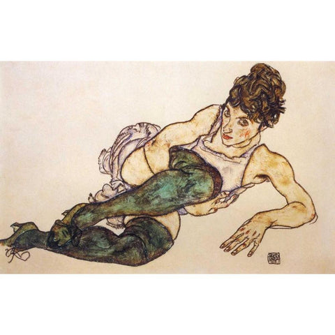 Reclining Woman With Green Stockings Black Modern Wood Framed Art Print with Double Matting by Schiele, Egon