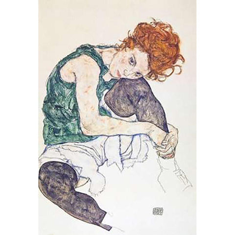 Seated Woman With Bent Knee White Modern Wood Framed Art Print by Schiele, Egon