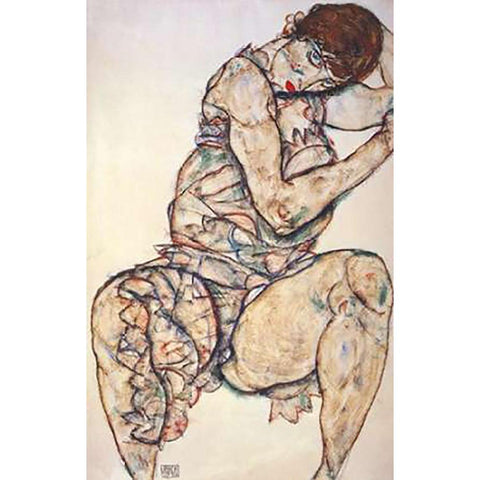 Seated Woman With Left Hand In Hair White Modern Wood Framed Art Print by Schiele, Egon