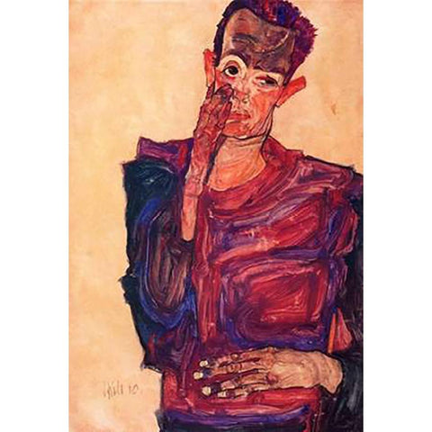 Self Portrait With Hand To Cheek White Modern Wood Framed Art Print by Schiele, Egon