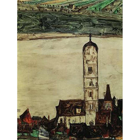 Stein On The Danube From The Kreuzberg 1913 Gold Ornate Wood Framed Art Print with Double Matting by Schiele, Egon