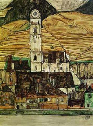 Stein On The Danube From The South 1913 White Modern Wood Framed Art Print with Double Matting by Schiele, Egon