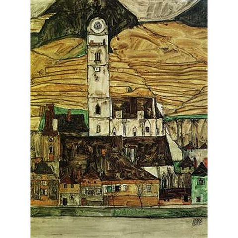 Stein On The Danube From The South 1913 White Modern Wood Framed Art Print by Schiele, Egon