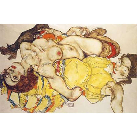 Two Girls Lying Entwined White Modern Wood Framed Art Print by Schiele, Egon