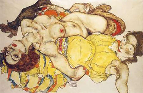 Two Girls Lying Entwined White Modern Wood Framed Art Print with Double Matting by Schiele, Egon